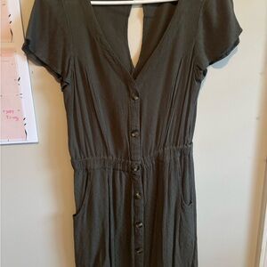 American Eagle Everyday Button-Front Short Sleeve Dress in Olive Green